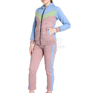 Ensemble de survêtement pour femme à blocs de couleur, à capuche, manches longues, pantalon de jogging zippé, tenue sportive décontractée, en polyester et coton tricoté - Product Image 3