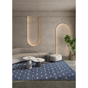 Tapis en laine et viscose bleu contour, tufté à la main, motif géométrique rectangulaire classique, grand format pour salon, épaisseur 10 mm - Tra-13347 - Product Image 4