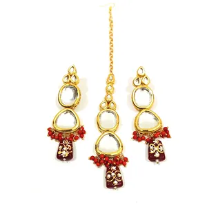 Ensemble de bijoux de mariée plaqué or 18 carats, serti de pierres Kundan et de perles, couleur bordeaux, avec zircon et perle, pour mariage ou cadeau - Product Image 4