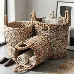 Ensemble de paniers de rangement en écorce de bananier naturelle, tressage diagonal épais, poignée en arche, pot cylindrique, décoration artistique pure pour la maison - Product Image 5
