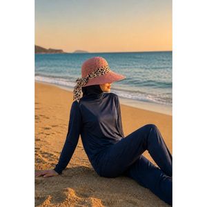 Rose Pink Leopard Print <b>Floppy</b> Panaman Straw Beach <b>Hat</b> with Wide Brim and Foldable Visor for Outdoor Parties - Product Image 1