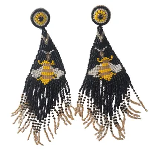 Indian Supplier Selling Women's Wear 14 cm Yellow and Black Color Bee Tassels Long Earrings for Casual Wear at Best Price