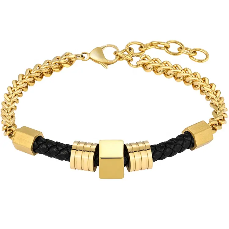 Mens 18k gold plated stainless steel black genuine leather bracelet, hip hop adjustable geometric link chain bracelet Jewelry