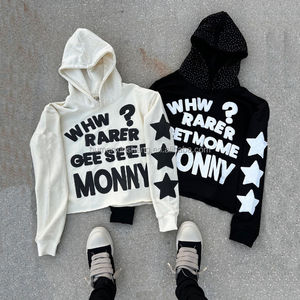 Manufacturer Custom french terry 100% <b>cotton</b> Anti-Shrink <b>raw</b> hem oversize rhinestone 3d puff print boxy cropped hoodie men - Product Image 1