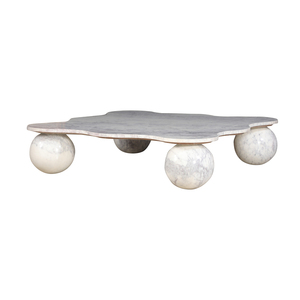 Table basse moderne sculpturale, table centrale en marbre naturel avec plateau incurvé artistique et pieds ronds en forme de boule, mobilier de luxe - Product Image 2