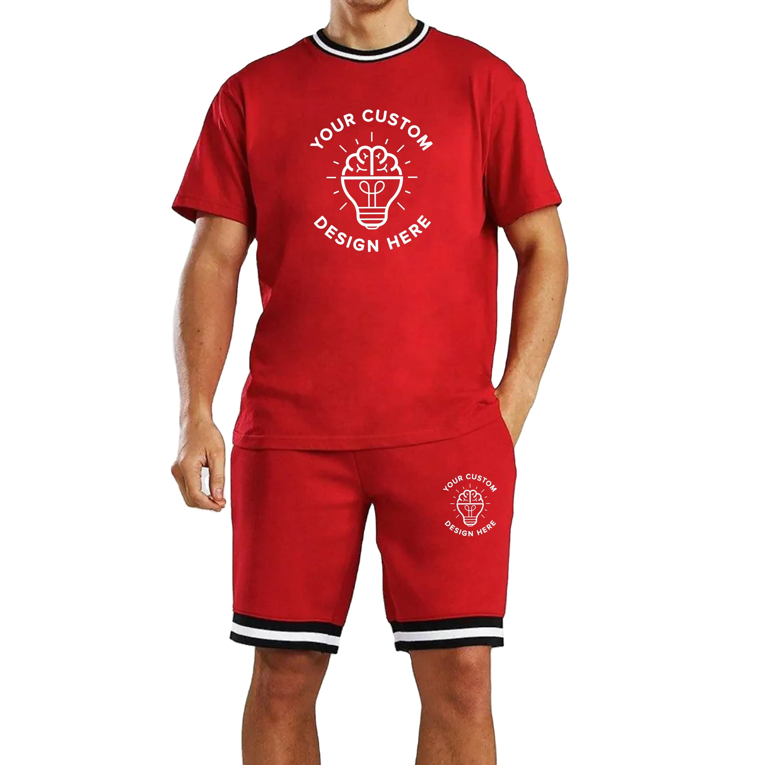 Nieuwe Fashion Street Wear Red T-Shirt & Short Sets Katoenen Franse Terry Heren-T-Shirt Met Korte Broek Met Acid-Was Korte Broek Met Trekkoord