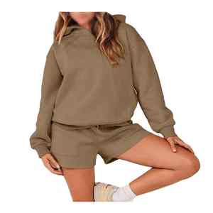 Ensemble de survêtement pour femme de haute qualité, 2 pièces, sweat-shirt et short, 100% coton, épaules tombantes, logo imprimé personnalisé - Product Image 4