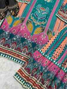 DESIGNER GEORGETTE BRODERIE SEQUENCE TRAVAIL TOP PALAZZO AVEC DUPATTA ROSE AVEC CIEL - Product Image 3