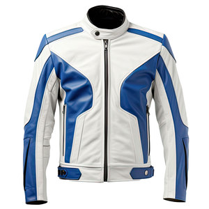 Veste en cuir de mouton blanc bleu royal pour homme avec col montant Racer Classy Casual Moto Biker Style Fashionable Canvas Fabric - Product Image 1
