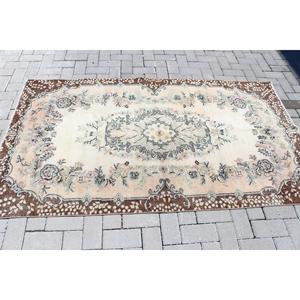 Vintage Area Rug 3.7x6.8 ft, Turkish <b>Brown</b> Floral <b>Wool</b> Rug - Product Image 3
