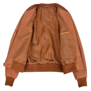 Chaqueta Bomber de cuero acolchado para mujer, chaqueta de cuello tejido a rayas, piel bronceada auténtica - Product Image 5