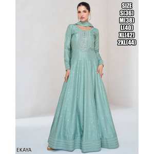 Traje Anarkali de viscosa, seda y rayón, hecho a mano, con bordados elaborados, mangas largas, diseño acampanado, dupatta, estilo pakistaní indio, salwar kameez. - Product Image 4