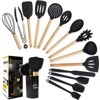 Ensemble de 15 ustensiles de cuisine avec support, ustensiles de cuisine antiadhésifs, manches en bois, outils de cuisine, ensemble de spatules en silicone