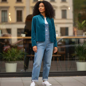 <b>Velvet</b> Quilted Bomber <b>Jacket</b> for <b>Women</b>-Turquoise Embroidered Leather Winter Coat - Product Image 1