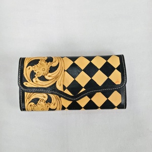 New Hot Selling Luxury Floral Tooled Checker Pattern <b>Long</b> Women <b>Wallet</b> Genuine Leather Cash Card Coin Travel Clutch Purse - Product Image 3