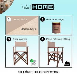 Sedia da Regista WELL HOME con Telaio in Noce e Tela Effetto Pietra 51x46x86 cm per Uso in Giardino - Product Image 2