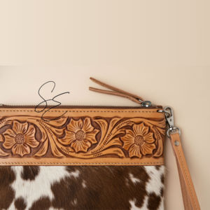 Cartera de mano tipo clutch de cuero repujado floral hecho a mano con cremallera para mujer, de piel auténtica OEM, estilo occidental. - Product Image 3