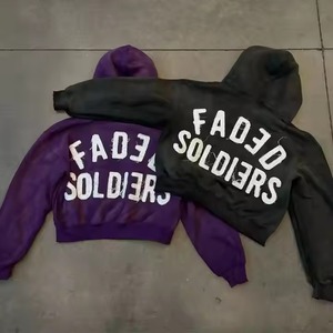 Sweat à capuche Oem personnalisé, surdimensionné, sans ficelle, avec écusson brodé du logo, à bord coupé, avec applique, à ourlet brut, sweats à capuche délavés à l'acide pour hommes - Product Image 1