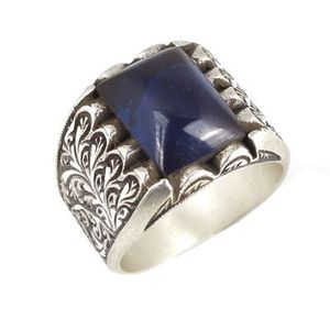925 Sterling Silver Men's <b>Ring</b> Hand-Engraved Rectangular Blue Compressed Amber Stone Geometric Pattern Rhodium for Everyday Wear - Product Image 1