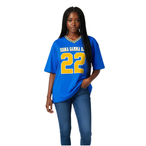 Sigma Gamma Rho Oversized Football Jersey Tee Royal Blue Womens Greek Letter Shirt SGR Chenille Number Top Casual Fit - Product Image 3