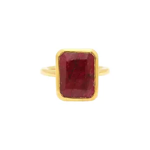 Dyed Ruby Gemstone Size15x12mm Baguette Shape Gold Vermeil 925 Sterling Silver Bezel Set Energy Gemstone Ring Dyed Ruby 925 Ring