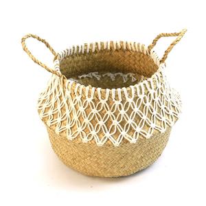 Panier artisanal en paille à thème frais, bac de rangement en paille, panier en macramé en herbe de mer avec poignée, panier en rotin pour la décoration de la maison - Product Image 5