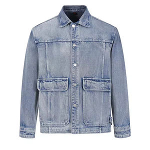 Custom OEM Men's <b>Denim</b> Jacket Faded Dark Cotton <b>Coat</b> Button Decoration Oversized Washed Unisex Winter Jacket - Product Image 1