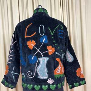 Boho Chic Retro Chic Free Size XL Velvet Suzani <b>Jacket</b> Hand Embroidered Black Floral Open Front Coat Winter Wear Robe - Product Image 2