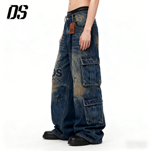 <span class=keywords><strong>Jeans</strong></span> Cargo Vintage Streetwear Blu Scuro con Etichetta Privata in <span class=keywords><strong>Pelle</strong></span>, Stampa Laser, Gamba Larga e Stile Baggy - Product Image 2