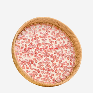 Plateau de canne en rotin de qualité supérieure avec mosaïque bleue incrustation de nacre plateau de service décoratif rond pour la décoration intérieure et les cadeaux - Product Image 4