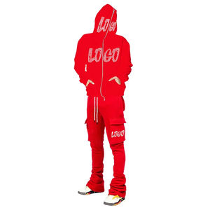 Survêtement 2 pièces avec logo personnalisé pour hommes, sweat à capuche avec fermeture éclair, ensemble de pantalons empilés, survêtement avec poche cargo, survêtement de jogging pour hommes - Product Image 5