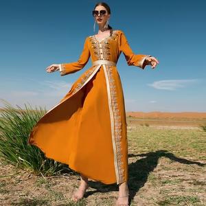 Ruffle <b>Satin</b> Arabic Long Dress New Muslim Women Yellow Kaftan Islamic Maxi Dress Long Sleeve Arab Jilbab <b>Abaya</b> Wholesale From in - Product Image 5