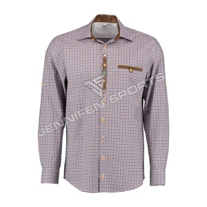 Chemises d'été pour hommes bavaroises en gros, 100% coton, tissu uni, anti-froissement, respirant, manches longues, fermeture à un bouton - Product Image 1