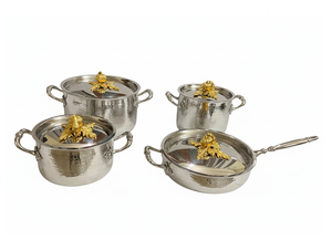 Ensemble de casseroles et poêles élégantes et écologiques en fer martelé à la main, avec couvercle décoratif doré, pour service et table. - Product Image 5