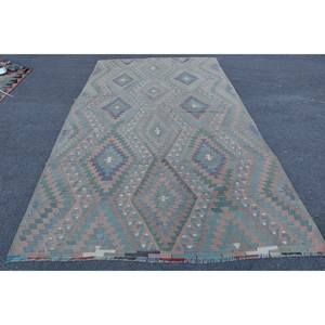 Alfombra Kilim turca Vintage de 6,3x11,2 pies, diseño de retales azul Beige, alfombra clásica de lana para sala de estar, respaldo de látex para uso doméstico - Product Image 1