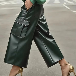 Pantalones Anchos de Mujer de Piel Sintética de Alta Gama Estilo Europeo Americano, Casuales, Elegantes, para Vacaciones, en Color Sólido, Material PU - Product Image 1