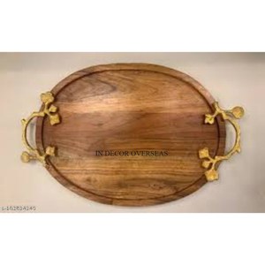 ถาดเสิร์ฟอาหารทำจากไม้อะคาเซียทรงกลมดีไซน์ดีไซน์เนอร์ถาดโลหะชุบทองสำหรับวางกลางโต๊ะอุปกรณ์เสริม - Product Image 4