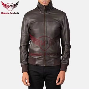 Mens Real Dark Brown <b>Leather</b> Bomber <b>Jacket</b> Shirt Collar Zip Front Sheepskin Coat Chest Seam Ribbed Hem Custom <b>Winter</b> Outerwear - Product Image 5
