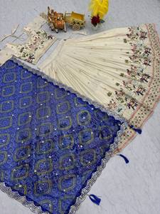 Ensemble Lehenga Choli en Soie Mélangée Ivoire pour Femme Unity Luxure, avec Dupatta Bleu Bandhani Brodé, Modèle 143, pour Mariage et Tenues de Cérémonie - Product Image 5