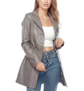 Abrigo largo de cuero genuino Abrigo de cuero gris con cinturón Gabardina de cuero de piel de cordero genuino para mujer - Product Image 4