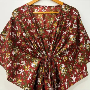 Robe Caftan indienne en coton faite à la main pour femmes imprimé de blocs floraux longue longueur au sol couverture de plage naturelle décontractée nuit lavable - Product Image 1