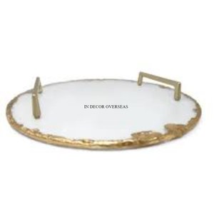 Bandeja para servir artículos de comida hechos de mármol de color blanco de calidad superior con asas de metal dorado para restaurantes y hoteles de la India - Product Image 1