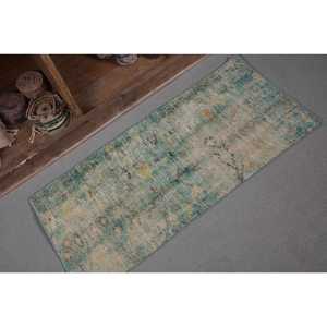 Tapis turc vintage grande zone de 1,5x3,2 pieds en laine faite à la main avec support en Latex motif Patchwork Beige vert pour décor de couloir - Product Image 5