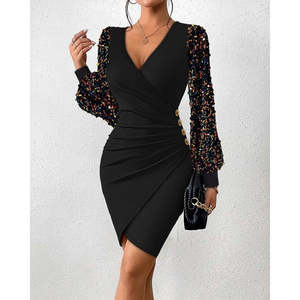 Women's Long Sleeve Sequin Embellished Wrap Neckline Side <b>Button</b> Short Imported Crepe <b>Dress</b>, 37751 - <b>Black</b> - Product Image 1
