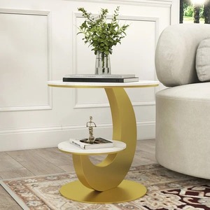 Table de présentation en marbre blanc à 2 niveaux Table à thé d'appoint de canapé en pierre frittée or moderne pour la maison Table basse de salon - Product Image 4