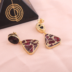 January Birthstone 18K Gold Plated Two-Tier <b>Earring</b> Rough Look Garnet Mohave Copper Ruby <b>Turquoise</b> <b>Studded</b> Religious Mainly Made - Product Image 2