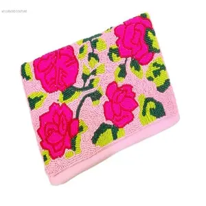 Elegant Hot Pink Flora Design Handmade Customized Canvas Material Luxury Hand Embroidered Envelope Closure Clutch for Women