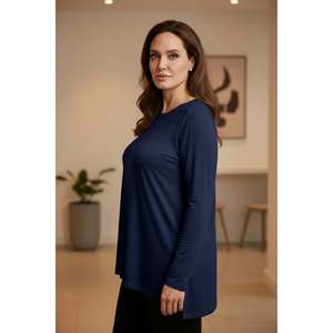 Crew Neck Plus Size Long Sleeve T-<b>Shirt</b> with Side Slits <b>Navy</b> <b>Blue</b> - Product Image 2