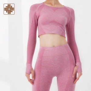 Sleek Simple Snug Fit Long Sleeve Crew Neckline Yoga Set Shirt Tops - Product Image 2