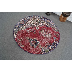 Alfombra turca Vintage, diseño de retales rojo y azul, área grande, Material de lana de 4,1x4,2 pies con respaldo de látex para pasillo y dormitorio - Product Image 4